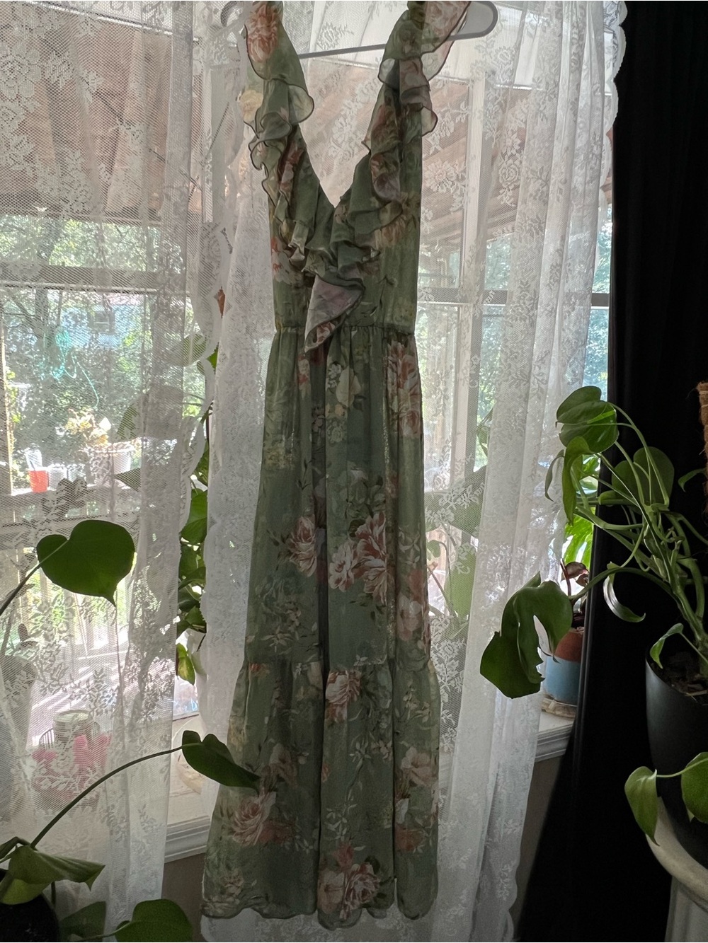 Zara Sage Green Floral Ruffle V-Neck Maxi Dress